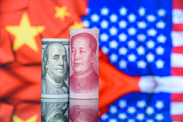 Trade tension, trade war, commercial conflict between US and China, economic concept : US dollar...