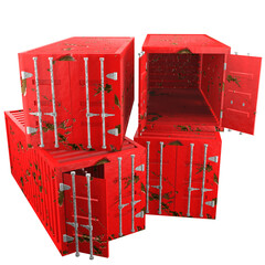 3D design of cargo containers for storage transportation illustration. 3D design of four red colored scratched cargo with open and closed doors