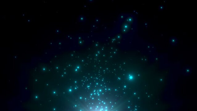 Flying random green stars and space dust in black galaxy, motion abstract cinematic, cosmos and holiday style background