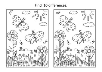 Difference game with butterflies, flowers, grass.
