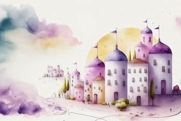 Architectural building watercolor hand drawn landscapes colorful background environment sketch Generative AI