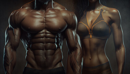 Fototapeta na wymiar Fit and muscular man and woman next to each other on dark background, motivational concept. generative AI