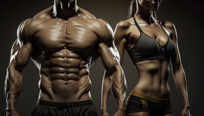 Fototapeta na wymiar Fit and muscular man and woman next to each other on dark background, motivational concept. generative AI