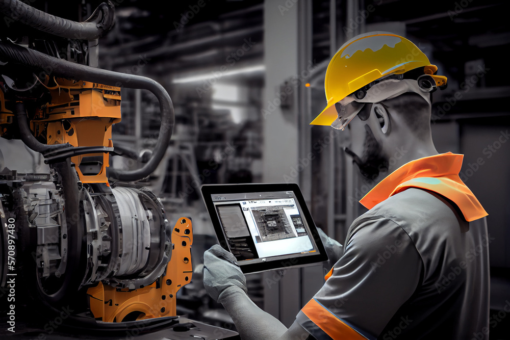 Aufkleber industry 4.0 robot concept .engineers use tablet computer for machine maintenance, automation tools,