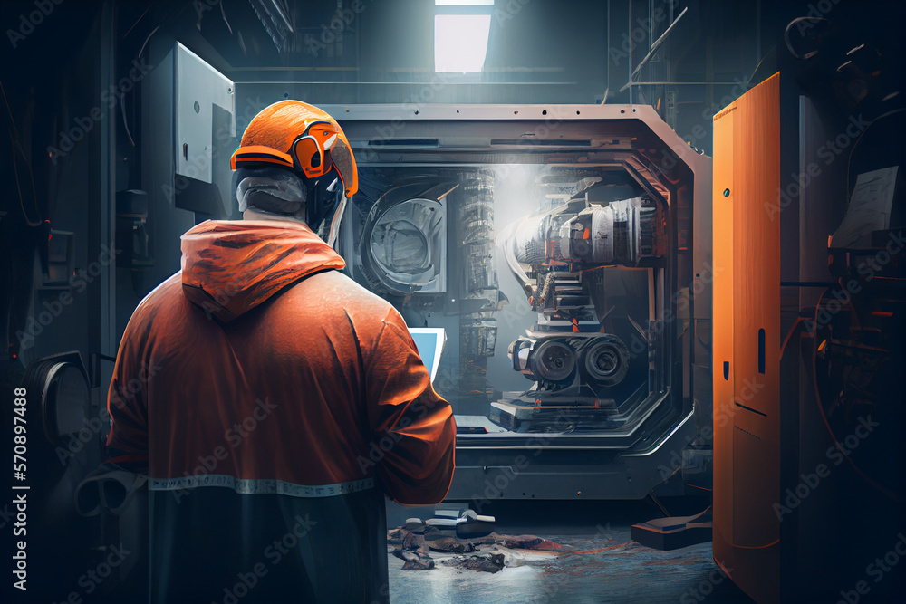 Poster industry 4.0 robot concept .engineers use tablet computer for machine maintenance, automation tools,
