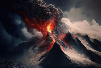 Volcanic eruption, lava explosion, smoke and ash. Generative AI