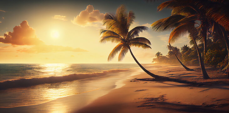 Picturesque view of tropical beach with palm trees. Generative AI painting background. Travel and tourism concept