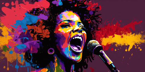Colorful African American woman singing, Jazz music Banner Illustration, Fictional Character, Generative AI © GloriaSanchez