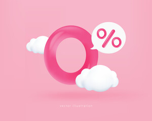 3d pink zero percentage isolated on pink background. Business promotion sale discount shopping online. 3d vector renderin. Isolated Pink Background. 