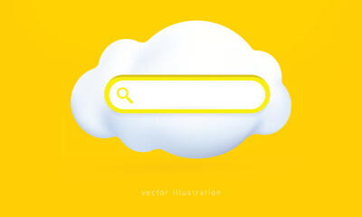 Search bar template for website. Navigation search for browser. Realistic 3d magnifier glass. Pastel Soft colors yellow and blue background. 3d vector rendering.