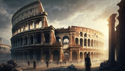 Naklejka premium image of a day in the Roman Empire, history scene, gladiators, the Colosseum. Generative ai