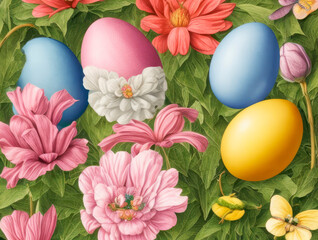 Fototapeta na wymiar Pastel colored Easter eggs hidden in a flowerbed in the spring