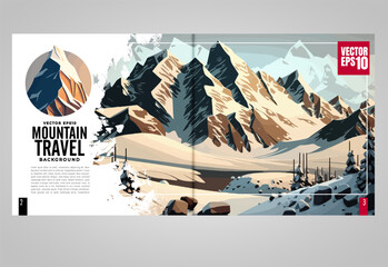 Brochure, ebook or presentation mockup ready for use, vector illustration with flat style background. Mountain background at cartoon style. 