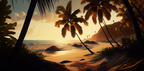 Picturesque view of tropical beach with palm trees. Generative AI painting background. Travel and tourism concept