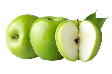 Green apple with green leaf and cut slice with seed isolated on a transparent background.