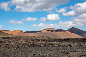 scenic volcanic landscape in Timanfaya national Park in Lanzarote