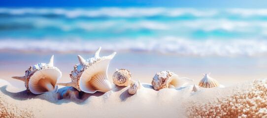 Seashells on seashore background