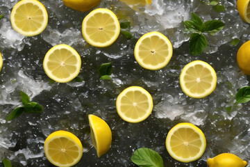 Slices of lemon and herbs in water. AI generative.