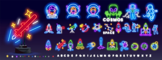 Neon space icons set, rocket, ufo, Saturn planet and star signs, rocketship with flame, glowing fluorescent light on dark wall.