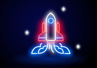 Neon Rocket sign. Bright glowing spaceship icon on dark brick background. Vector illustration. Neon rocketship with flame, glowing fluorescent light on dark wall.