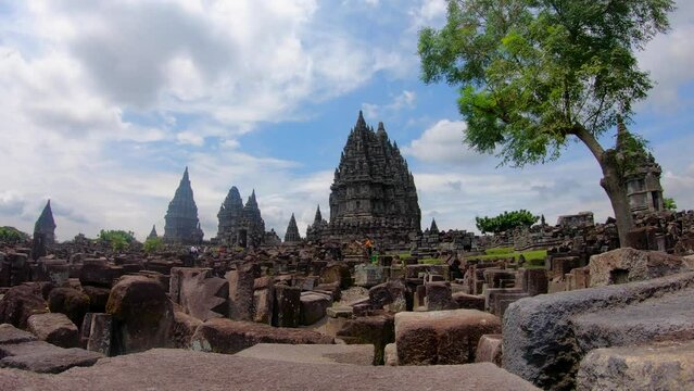 Prambanan temple is a Hindu temple compound included in world heritage list in the night. Monumental ancient architecture, carved stone walls.