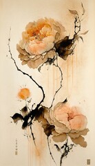 Abstract zen painting, Background with peach roses, Generative AI