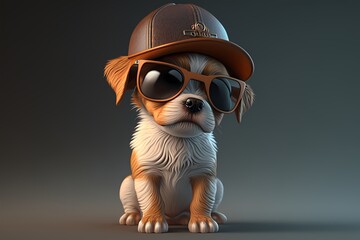 Generative AI of a cool puppy wearing a cap and sunglasses