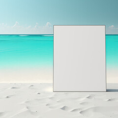 Blank mockup of poster billboard on white sands and turquoise waves, AI generation.
