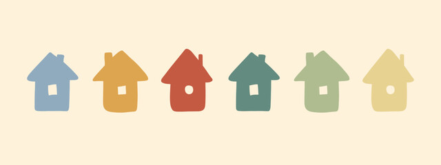 hand drawn houses set, groove illustration isolated on white background, trendy clip art, book illustration, cartoon style 