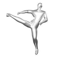 3d Render Silver Stickman - Karate Pose, perform a Kicking Position in the middle of the body