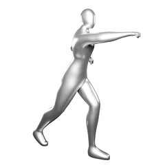 3d Render Silver Stickman - Karate Punching Pose Doing a Straight Forward Punch