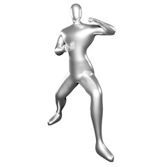 3d Render Silver Stickman - Karate Stand Pose with Hands Ready to Punch