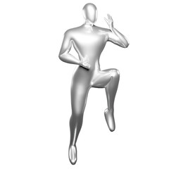 3d Render Silver Stickman - Karate Pose, doing a Standing Position with One Leg Raised