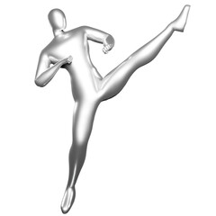 3d Render Silver Stickman - Karate Kicking Pose with Legs at Head Height