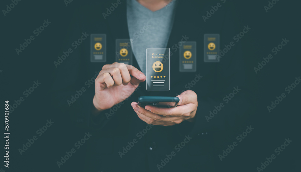Aufkleber man using smartphone rate customer service with a five-star pop-up icon for the satisfaction check s