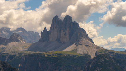 Fototapeta na wymiar Amazing aerial view of the wonderful 3 Cime di Lavaredo. View from the Prato Piazza. Dolomites in Italy. Wonderful nature contest. Alpine landscape. Western Alps. Summer time