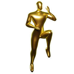 3d Render Gold Stickman - Karate Pose, doing a Standing Position with One Leg Raised