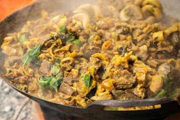 close up of big pan beef red curry, selective focus