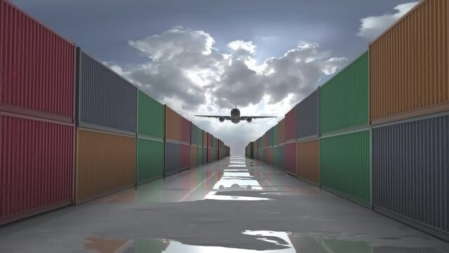 jet airplane above Rows of cargo containers, 
, Freight Shiiping export and import concept,2023
