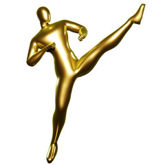 3d Render Gold Stickman - Karate Kicking Pose with Legs at Head Height