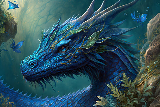 Blue dragon on the nature concept. Generative Ai illustration