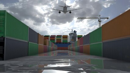 Rows of containers with large crago ship and airplane above

, Freight Shiiping export and import concept,2023
