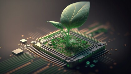 Green sprout on a computer chip, organic digital background, generative ai