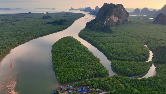 sunset aerial view of Phang nag bay in Thailand, beautiful Thailand nature, mangrove rainforest in tropical river delta, holiday in Krabi, Thailand jungle landscape. 