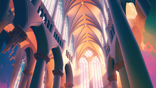 Interior catedral g&oacute;tica estilo anime aesthetic, concept art, creado con IA generativa