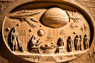 Egyptian hieroglyphs, Egypts people worship aliens UFO flying saucers. Generation AI - obrazy, fototapety, plakaty