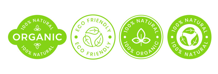 Set 100% Natural and organic Product Vector Icon Circle Sign. Healthy Food Emblem. Organic food Badge.