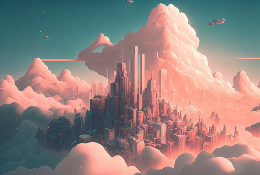 Ciudad aesthetic sobre las nubes, estilo anime 90s, creada con IA generativa