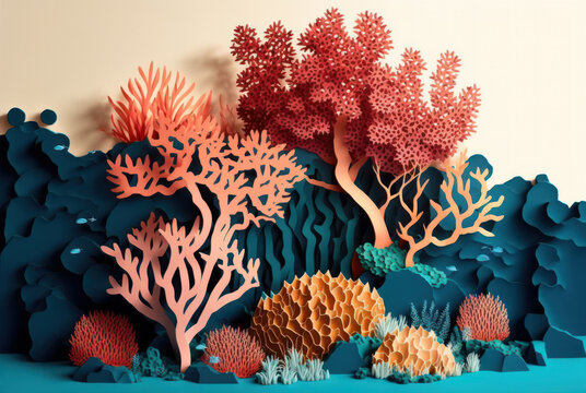 Corales de colores hechos de papel, fondo de pantalla, creado con IA generativa
