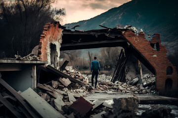 Concept Earthquake, alone man clears rubble of house after natural disaster. Generation AI